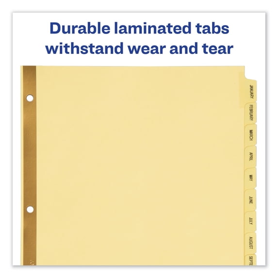 1PC Avery Preprinted Laminated Tab Dividers with Gold Reinforced Binding Edge, 12-Tab, Jan. to Dec., 11 x 8.5, Buff, 1 Set