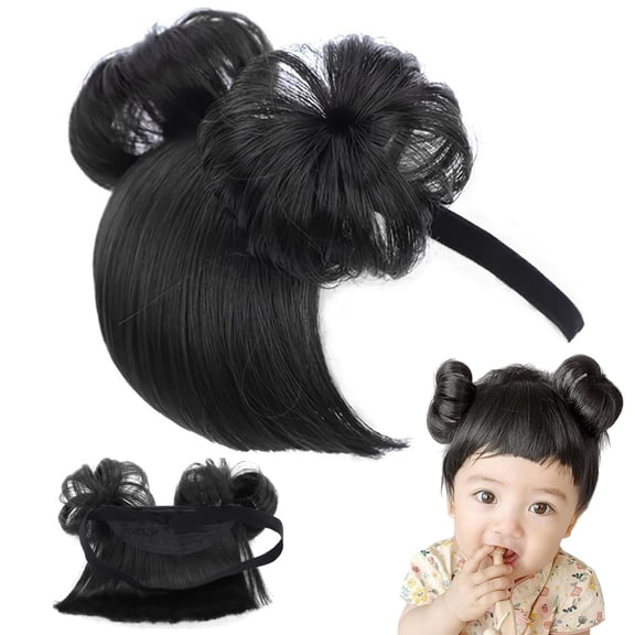 1PC Baby Wig with Buns for Girls, Natural Black Hair Headband, High Temp Silk Toddler Hairpiece for & Photo Props, Adjustable Hair Accessory