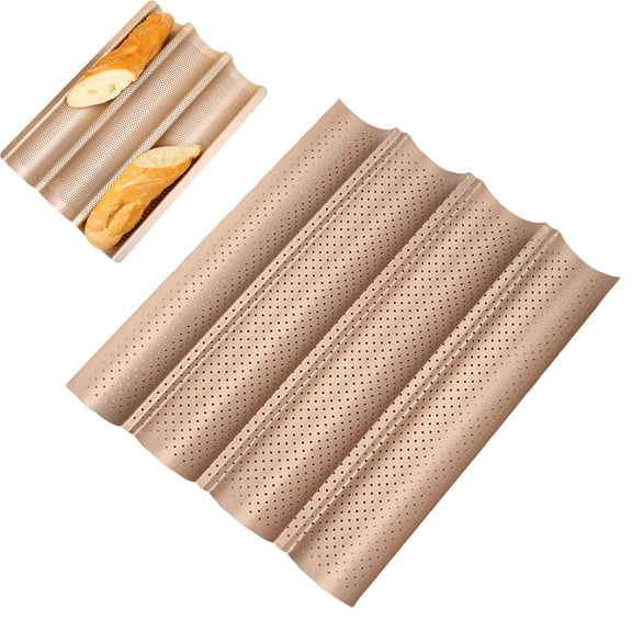 1PC Baguette Pans for Baking 15" x 13", Carbon Steel 3 Loaf Nonstick Baguette Baking Tray for French & Italian Perforated French Bread Pan - Golden Four-Groove