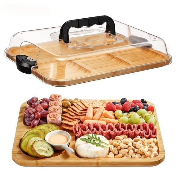 1PC Bamboo Cheese Tray with Clear Acrylic Lid, Portable Charcuterie Platter for Camping & Parties, Serving Tray for Appetizers & Snacks with Snap-On Secure Lid