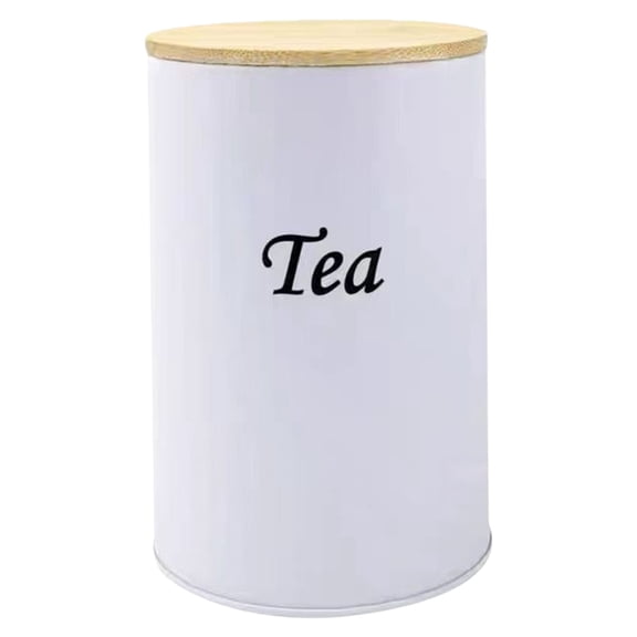 1PC Bamboo Lid Sealed Metal Coffee Canister (9.5cm×14cm/3.74in×5.51in)- 1000ml Kitchen Storage Jar for Coffee Beans/Tea/Candy, Stylish Countertop Pantry Organizer (White,Tea)