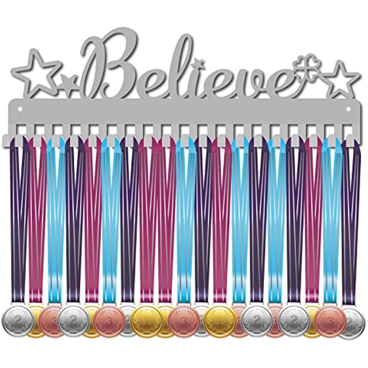 CREATCABIN Espositore A Muro Per Medaglie Believe: In Acciaio, 40x14,2 Cm, Tiene Fino A 60 Medaglie, Con Quadrifoglio E Stella