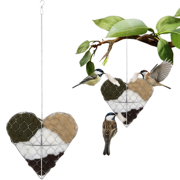 1PC Bird nesting material,handmade fiber bird nesting heart,bird nesting material holder,Refillable,Warm Nests for Winter Birds,Outdoor Garden Yard,Silver Frame,7"x7.8"