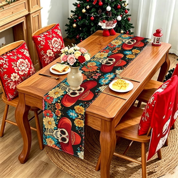 1PC Black Background Sugar Skull Sombrero Floral 2D Printed Table Runner, Kitchen Patio Day of The Dead Xmas Dinner Table Scarf, Mexican Fiesta Family Gathering Decor