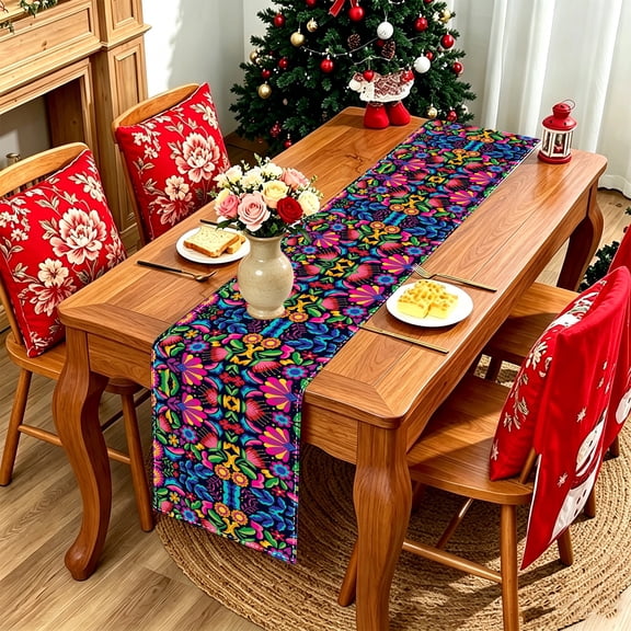 1PC Black Base Mexican Folk Vibrant Floral 2D Printed Table Runner, Kitchen Patio Cinco De Mayo & Day of The Dead Fiesta Decor, Boho Farm Dining Table Gift