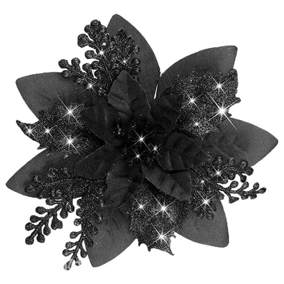 1PC Black Glitter Poinsettia, 5.1 Inch Artificial Christmas Flower Ornament, Holiday Tree Decoration with Sticks