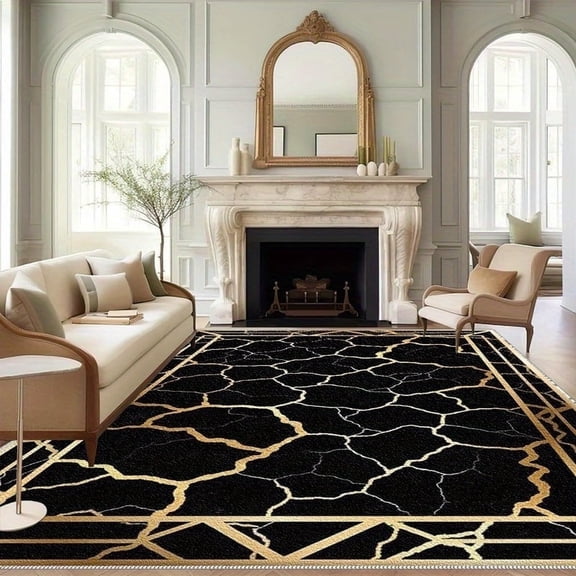 1PC Black and Gold Cracked Marble Style Area Carpet Local Carpet, Lightweight Washable Easy to Tidy Carpet Mat Festival Gift, Suitable for Living Room, Bedroom, Dining Room, Office, Balcony, Room Acc
