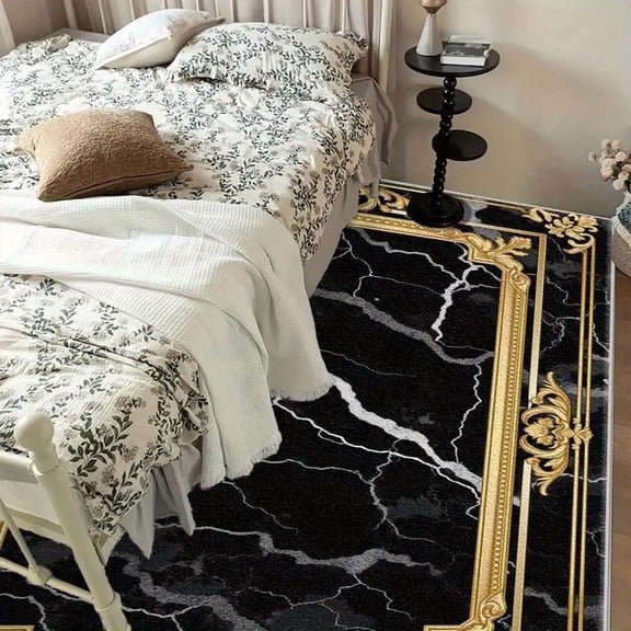 1PC Black Marble with Gold-Framed Style Area Rug Local Carpet, Lightweight Washable Easy-to-Manage Carpet Mat Festival Gift, Suitable for Living Room, Bedroom, Dining Room, Office, Foyer, Room Access
