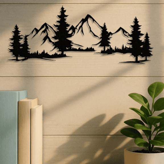 1PC Black Modern Farmhouse Wall Art - Mountain and Forest Metal Sign, Nature-Inspired Rustic Home Decor for Living Room Bedroom Bathroom - Halloween Decor Christmas Non-LED House Decoration Stuff"