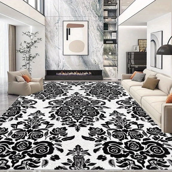 1PC Black and White Floral Pattern Area Rug Local Carpet, Lightweight Washable Easy-to-Clean Carpet Mat Festival Gift, Suitable for Living Room, Bedroom, Dining Room, Office, Hallway, Room Accessones