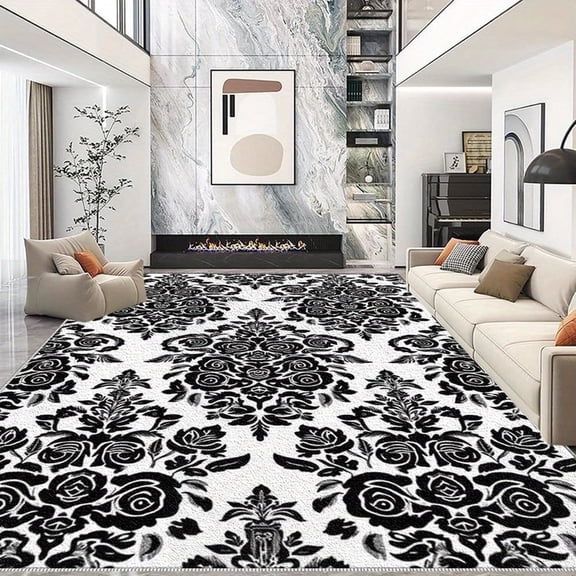 1PC Black and White Floral Pattern Area Rug Local Carpet, Lightweight Washable Easy-to-Clean Carpet Mat Festival Gift, Suitable for Living Room, Bedroom, Dining Room, Office, Hallway, Room Accessones