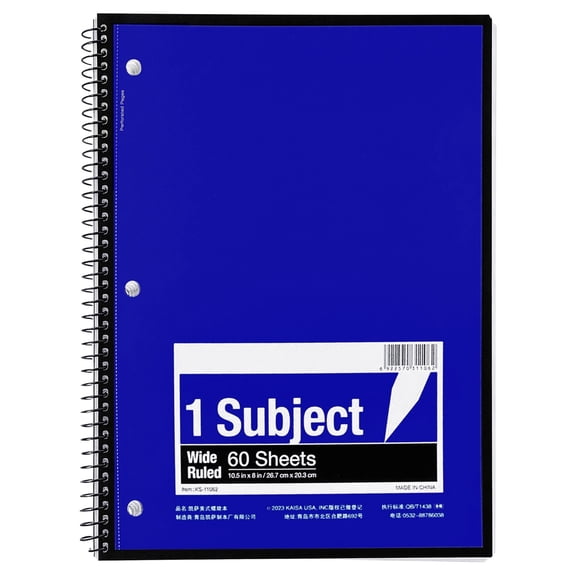 1PC Blue 1 Subject Spiral Notebook, Wide Ruled 60 Sheets, Letter Size 10.5" x 8" 3-Hole Punched Wirebound Notebook