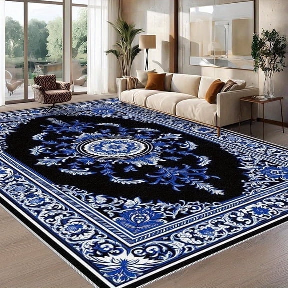 Hiroshi Loomed Blue and White Patterned Area Rug, 6.5' x 10', Non-Slip Backing