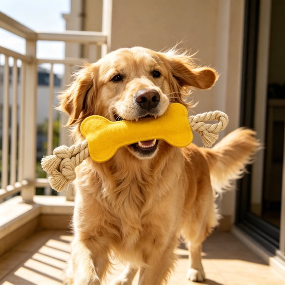 1PC Bone Shaped Squeaky Toy with Rope for Medium and Large Dogs, Durable Interactive Dogs Chew Toy, Great for Fetch, Tug and Daily Chewing Fun (Yellow)