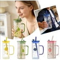 thumbnail image 1 of 1PC Bow Shaped Square Transparent Glass Cup with Lid Straw and Handle Heat Resistant Glass Tumbler Suitable for for Water Juice Iced Coffee Milk Tea, 1 of 7