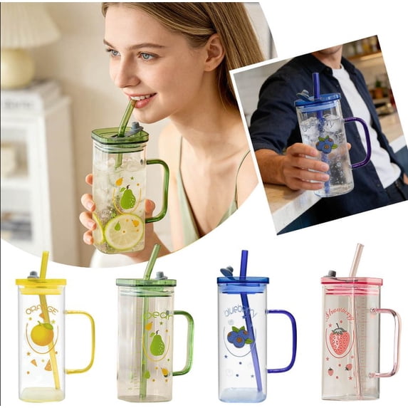 1PC Bow Shaped Square Transparent Glass Cup with Lid Straw and Handle Heat Resistant Glass Tumbler Suitable for for Water Juice Iced Coffee Milk Tea