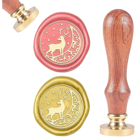 1PC Brass Sealing Wax Seal Stamp Removable Wood Handle Reindeer Stag Pattern 25mm