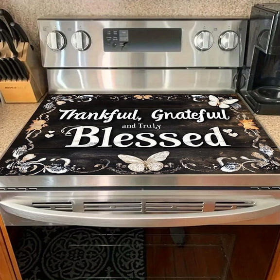 1PC Butterfly Floral Rubber Stove Cover Protector, Heat-Resistant Easy Clean Decorative Mat with "Thankful Grateful Blessed" Quote for Stove Top Protection