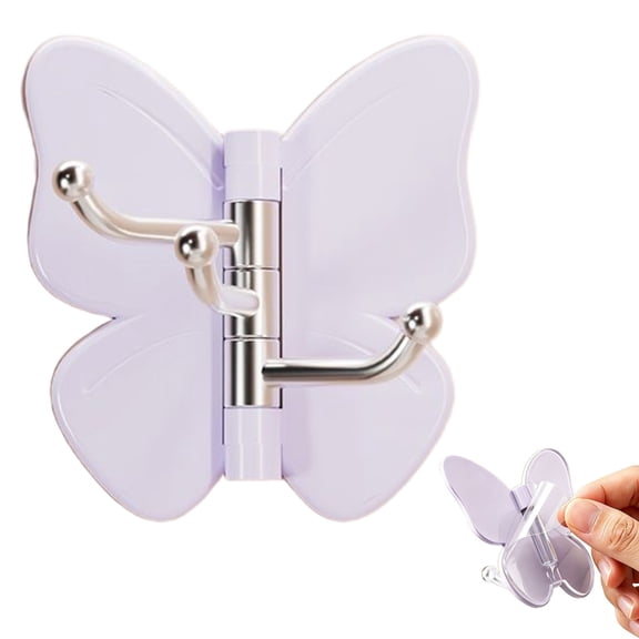 1PC Butterfly Rotating Adhesive Hooks Butterfly Wall Corner Rotatable Stainless Steel Hangers with 3-Hook 180° Swivel for Home Kitchen Bathroom office Hanging Keys Bags Hats Towels (Light Violet)