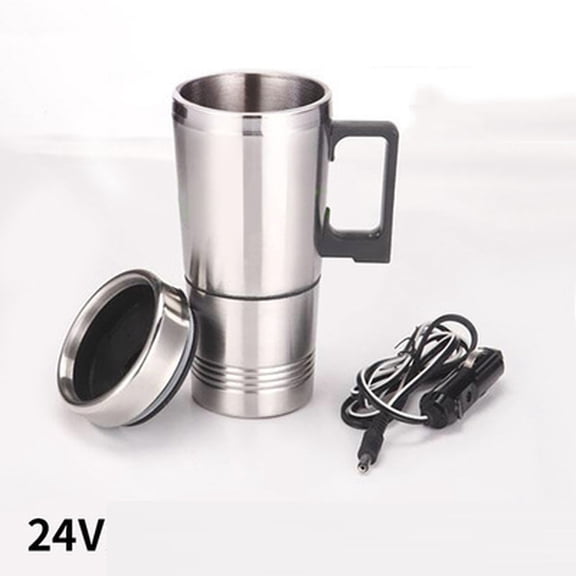 1PC Car Heated Water Cup, 24V Stainless Steel Electric Heating Mug with Insulation, Portable Vehicle Travel Thermos for Trucks, Caravans, Outdoor Camping