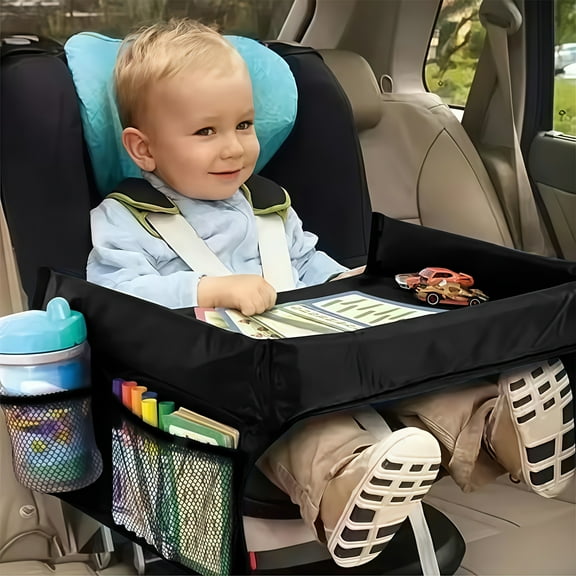 1PC Car Seat Travel Tray – Foldable Expandable Polyester Tray with Multi-Pocket Storage, Perfect for Kids, Youngsters, and Backseat Organization on Trips