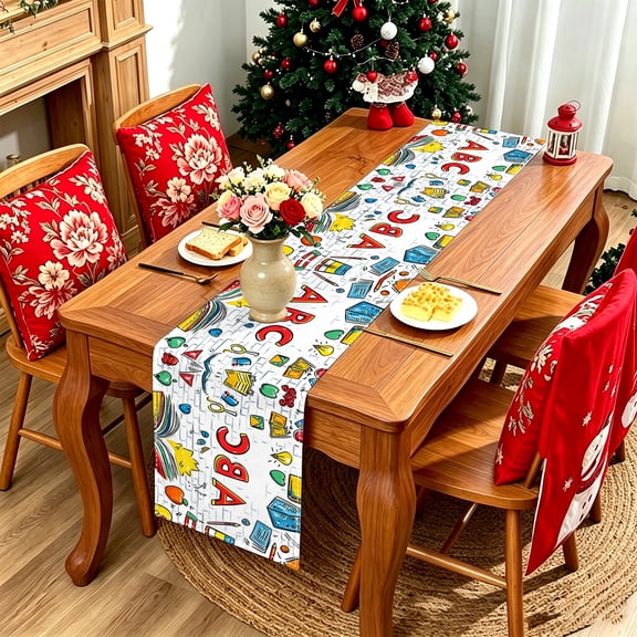 1PC Cartoon ABC Stationery Alphabet 2D Printed Table Runner, Kitchen Patio Outdoor Party Decor, Ideal Holiday Gift For Daily Dining & Holiday Gatherings