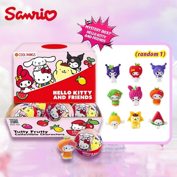 1PC Cartoon Mystery Blind Box Cute Fruits Blind Ball A Surprise Series Hello Kitty Melody Kuromi 3D Anime Ornament Random One PVC Collectible Merch Room Desktop Decor Christmas Birthday Gifts