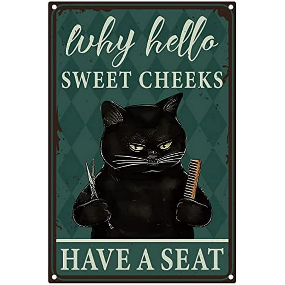 1PC Cat Barber Metal Tin Sign Sweet Cheeks Have A Seat Vintage Tin Sign Funny Hanging Poster