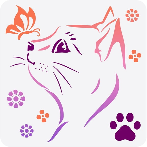 DIY Cat Stencil 11.8x11.8inch Square Painting Stencil Cat Head Stencil Butterfly Template Cat Paw Stencil Washable Drawing Template for Indoor Outdoor Wood Canvas Fabric Decoration DIY