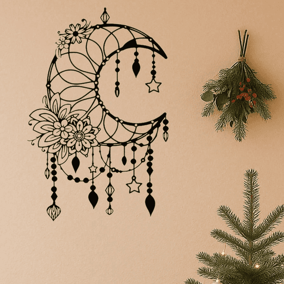 1PC Celestial Gothic Metal Wall Art - Crescent Moon with Floral & Star Motifs Laser-Cut Iron Decor for Coffee ShopBohemian Homes for Christmas Halloween Thanksgiving Valentine's Day Gifts