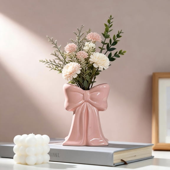 1PC Ceramic Bow Vases, Makeup Brush Pen Holder for Home and Office, Seasonal Ornament Flower Display Gift Festive Accent Centerpiece