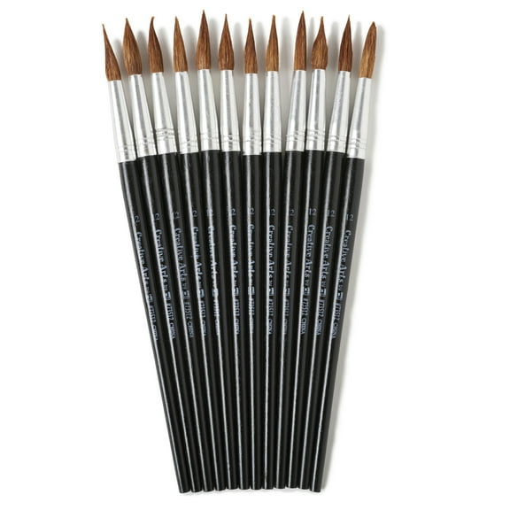 Charles Leonard Water Color Paint Brushes with Round Pointed Tip, # 12, 1.06 Inch, Camel Hair, Black Handle, Pack of 12