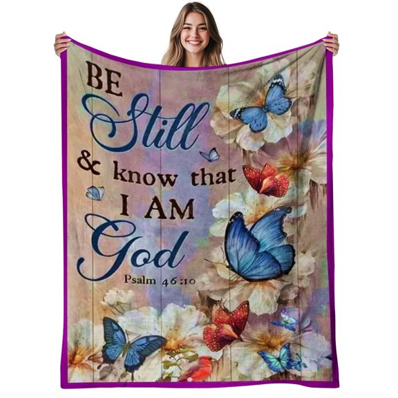 1PC Christian Flannel Blanket 280GSM, Be Still And Know I Am God Verse Print, Floral Butterfly, Soft Warm All-Season, Christmas Gift Church Prayer Room Decor
