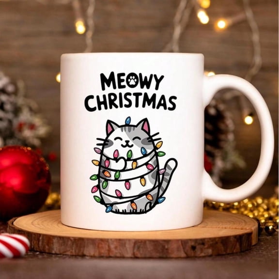 1PC Christmas Coffee Mug Funny Meowy Ceramic Tea Cup 11OZ Christmas Holiday Birthday Friends Family