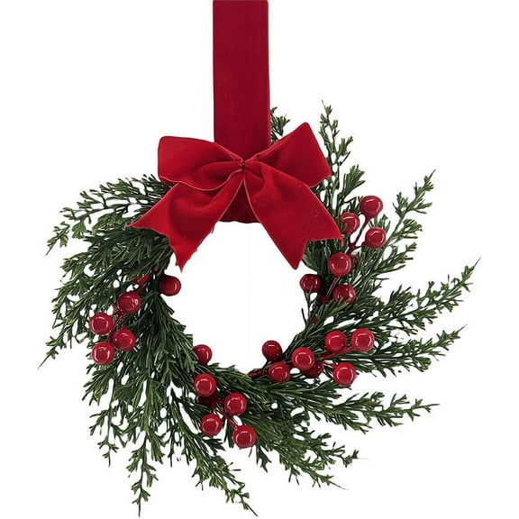 XEAZON 1PC Christmas Kitchen Cabinet Wreaths, 10" Kitchen Decor Small Wreath with Artificial Red Berries and Ribbon Bow, Mini Christmas Doors Wreaths for Cabinets, Windows, Walls, Holiday Decor
