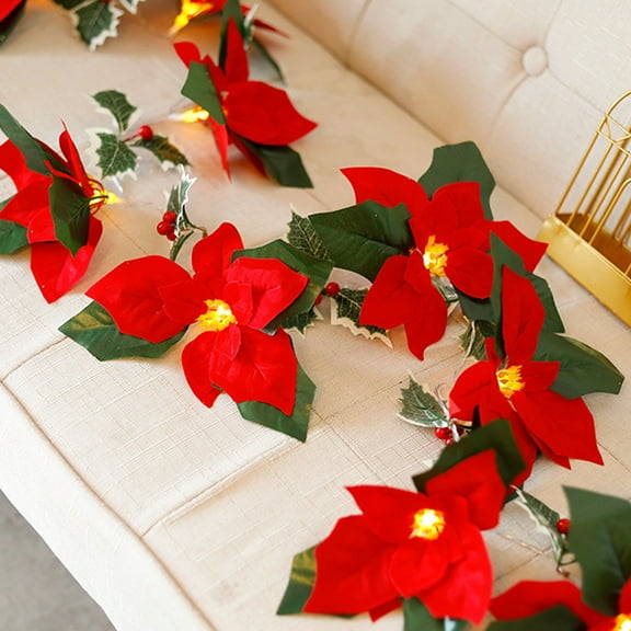 1PC Christmas Garland With Lighted,Red Berry Poinsettia Christmas Lighted Garland,Christmas Decorations Home Garden Wedding Party Thanksgiving Dinner Fireplace Door Frame Doorway Backdrop