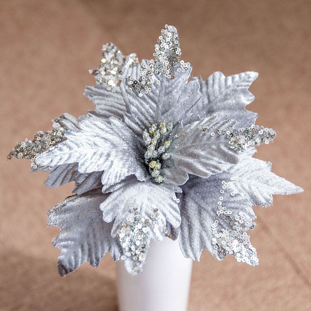1PC Christmas Poinsettia Glitter Artificial Flowers Xmas Tree Party