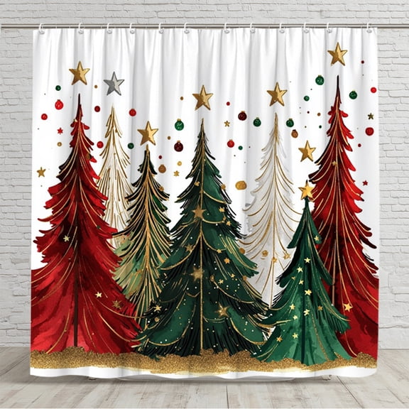 1PC Christmas Polyester Shower Curtains, Festive Holiday Design with Colorful Christmas Trees and Stars Colorful Bath Curtain Set 72x72 inch with 12 Hooks for Bathroom Decoration