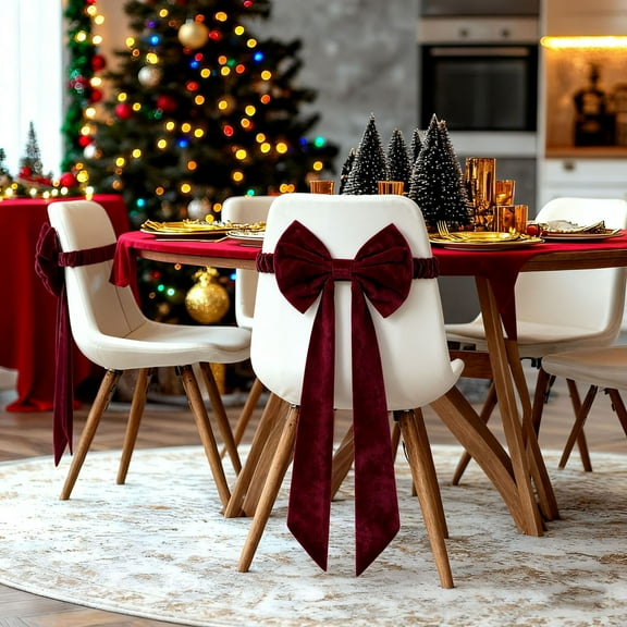 1PC Christmas Red Bow Chair Cover, with Decorative Backrest Straps, Holiday Decor for Dining Chairs, Parties, Gatherings, Durable Fabric, Easy to Install & Remove, Enhances Festive Vibe, 29.5*19.68in