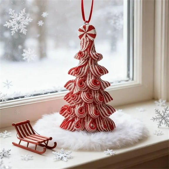 1PC Christmas Ribbon Candy Trees Hanging Decor, Peppermint Candy Cane Tree Ornaments, 2.4x4.8 Inch Xmas Acrylic Tree for Christmas Home Table Mantle Centerpieces (Red and White)