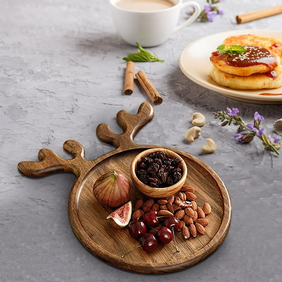 1PC Christmas Wood Serving Platters, Cebalnir Food Dish Wood Plates Christmas Tray with Antler Handles Decorative Plate Organizer for Appetizer Snack Fruit Kitchen Gift for Wedding Housewarming