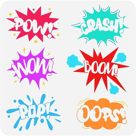 1PC Comic Text Stencil 11.8x11.8 inch Plastic PET Drawing Template "Wow Boom OOPS POW Crash POP" Words