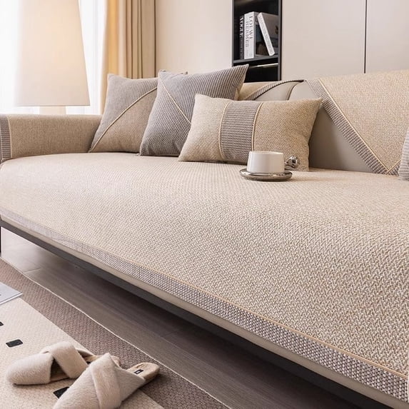 1PC Cotton Linen Sofa Cover for Living Room Solid Sofa Cushion Non-Slip Couch Armrest Backrest Mat Home Furniture Protector (A5 sofa mat towel,110x210cm 1pc Q)