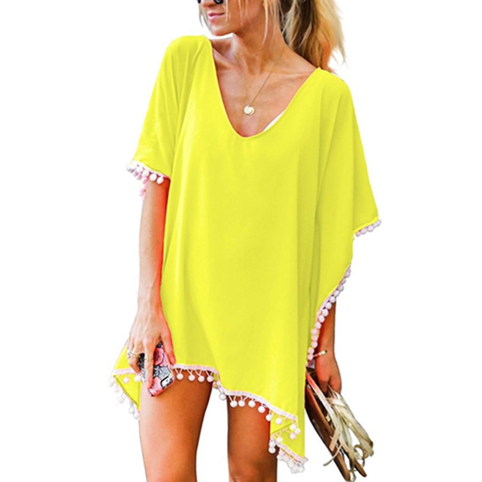 1PC Cover Up Shirt Yellow Spandex Up Bikini Tassels Women Beach Chiffon