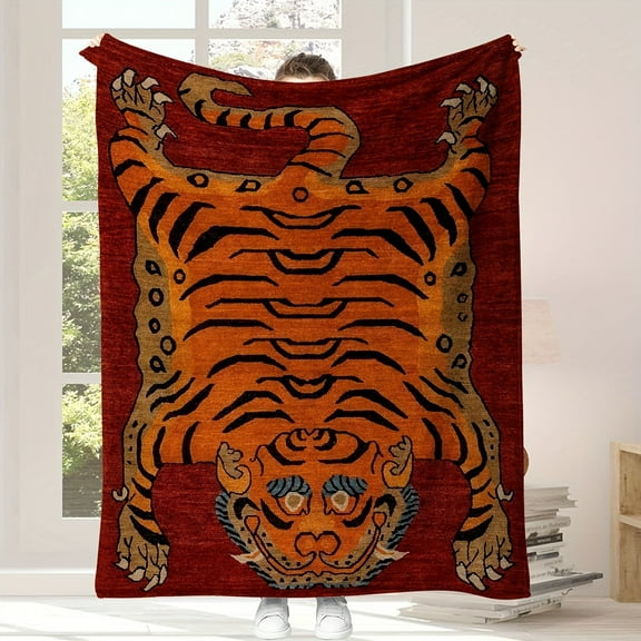1PC Cozy Polyester Tiger Print Digital Flannel Fleece Blanket, Reversible Multipurpose Throw, Machine Washable, All-Season Contemporary Animal Theme Bedding