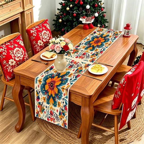 1PC Cream Base Large Mexican Folk Floral 2D Printed Table Runner, Kitchen Patio Cinco De Mayo Day of The Dead Fiesta Decor, Boho Farm Dining Table Holiday Gift