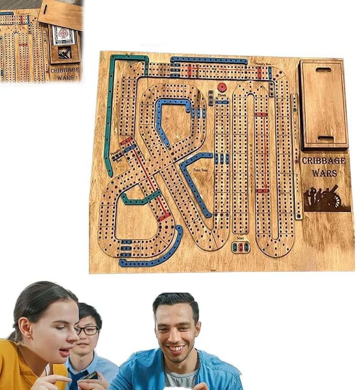 1PC Cribbage War Game,Wooden Cribbage Board Game Set Has a Storage