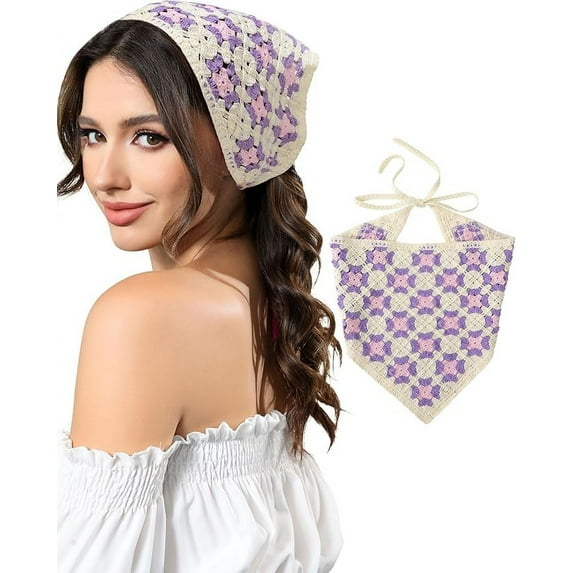 1PC Crochet Head Scarf Hair Bandanas, Women Knit Bandana Headband Scarf, Tie-Back Head Coverings Floral Headscarf for Girls