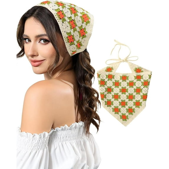 1PC Crochet Head Scarf Hair Bandanas, Women Knit Bandana Headband Scarf, Tie-Back Head Coverings Floral Headscarf for Girls
