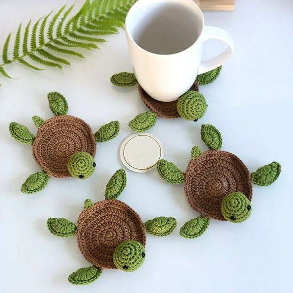 1PC Crochet Tortoise Coasters for Drinks, Funny Handmade Woven Coaster Set, Cute Turtle Shaped Mug Cup Mat Table Desk Decoration